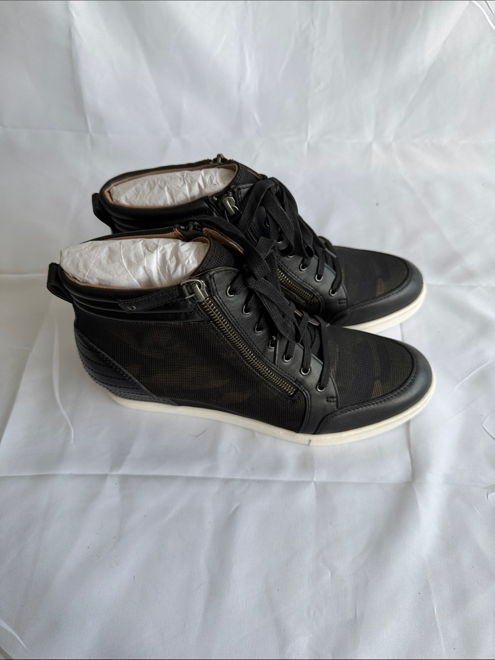 Paolo Niya Black Leather Mesh Hidden Wedge Sneakers High Top - Picture 3 of 5